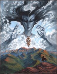  2girls black_eyes black_hair blue_sky colored_skin grey_skin highres jewelry magic mountain multiple_girls necklace oil_painting_(medium) original painting_(medium) pointy_ears queengwenevere sky solo_focus traditional_media 