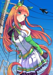  1girl absurdres aircraft airplane animal_ears black_gloves blue_sky blunt_bangs blush bow breasts closed_mouth commentary commission dapenpan ear_covers english_commentary gloves green_eyes green_sailor_collar green_sleeves hairband highres hime_cut horse_ears horse_girl horse_tail leaning_forward long_hair long_sleeves orange_hair orange_tail outdoors pantyhose pleated_skirt power_lines sailor_collar silence_suzuka_(innocent_silence)_(umamusume) silence_suzuka_(umamusume) skirt sky small_breasts solo tail umamusume utility_pole white_hairband white_skirt 