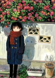  1boy black_eyes black_hair blue_coat buttons coat eyed_shadow flower hands_in_pockets highres male_focus minahamu original outdoors plant potted_plant red_scarf scarf shadow short_hair solo 