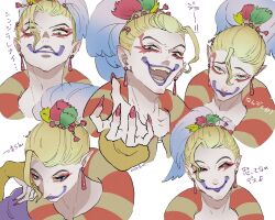  aqua_eyes artist_name blonde_hair closed_mouth eakanasu eyeliner facepaint final_fantasy final_fantasy_vi fingernails highres kefka_palazzo long_fingernails makeup multiple_expressions open_mouth pointy_ears ponytail purple_lips red_eyeliner red_nails sharp_fingernails smile upper_body white_background 