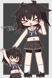 >_< 1girl :d :o absurdres bare_arms bare_shoulders bike_shorts bike_shorts_under_skirt black_background black_hair black_shirt black_shoes black_skirt blue_neckerchief blush border closed_eyes collarbone commentary_request crop_top cropped_shirt facing_viewer full_body hana_kazari hand_up highres jitome midriff miniskirt multiple_views navel neckerchief open_mouth outline outside_border pleated_skirt sailor_collar shirt shoes short_hair simple_background skirt sleeveless sleeveless_shirt smile socks standing thick_eyebrows translation_request white_border white_outline white_sailor_collar white_socks xd 