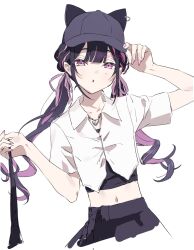  1boy animal_hat baseball_cap black_hair black_shirt black_skirt blunt_bangs cat_hat cho_kaguya-hime! collared_shirt commentary_request crossdressing crossdressing_(mtf) curled_ends hand_up hat highres komazawa_noi komazawa_noi_(tsukuyomi) kousagi_xxx long_hair looking_at_viewer low_twintails male_focus midriff multicolored_hair official_alternate_costume official_alternate_hairstyle pink_eyes pink_streaks shirt skirt solo streaked_hair trap twintails white_background white_shirt 