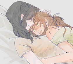  2girls black_hair braid brown_hair clair_obscur:_expedition_33 commentary_request eye_contact green_eyes hand_on_another's_head head_on_chest hoj_duck korean_commentary looking_at_another lune_(clair_obscur:_expedition_33) lying lying_on_person medium_hair multiple_girls on_back on_stomach ponytail scar scar_on_face scar_on_nose sciel_(clair_obscur:_expedition_33) smile upper_body yuri 