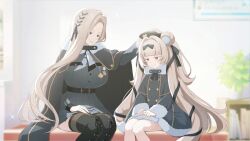  2girls artist_request black_bow black_cape black_coat black_hat black_ribbon black_shirt black_skirt blonde_hair bow cape closed_mouth coat colored_eyelashes cowboy_shot double_bun fur-trimmed_cape fur-trimmed_coat fur_trim game_asset hair_bow hair_bun hair_ornament hair_ribbon hand_on_another's_head hat headpat indoors long_hair mother_and_child mother_and_daughter multiple_girls muv-luv muv-luv_girls_garden nadja_volkova official_art olga_volkova parent_and_child pom_pom_(clothes) pom_pom_hair_ornament red_eyes ribbon shirt sitting skirt sparkle thigh-highs third-party_source 
