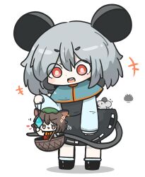  +++ 2girls :d animal animal_ears basket black_boots blue_capelet blush boots bow brown_eyes brown_hair capelet chen chibi commentary_request dress flying_sweatdrops green_hat grey_dress hair_between_eyes hat highres in_basket in_container long_sleeves mini_person minigirl mob_cap mouse_(animal) mouse_ears mouse_girl mouse_tail multiple_girls nazrin orange_bow puffy_long_sleeves puffy_sleeves red_dress red_eyes sea_urchin shadow shirt short_eyebrows simple_background smile socks standing tail thick_eyebrows touhou uni_souchou v-shaped_eyebrows white_background white_shirt white_socks 