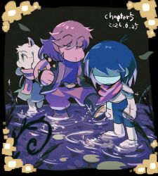  1boy 1girl 1other androgynous animal_ears antenna_hair armlet barefoot black_bodysuit black_eyes black_hair black_vest blue_skin bodysuit bracelet buckle closed_eyes closed_mouth colored_skin deltarune furry furry_female furry_male green-framed_eyewear hair_between_eyes heart heart-shaped_buckle horns jewelry kris_(dark_world)_(deltarune) kris_(deltarune) long_hair long_sleeves no_eyes nomu_poncha open_mouth pants pink_scarf purple_hair purple_pants purple_shirt purple_skin ralsei reptile_girl round_eyewear scarf shaded_face shirt spiked_armlet spiked_bracelet spikes susie_(dark_world)_(deltarune) susie_(deltarune) utdr_(toby_fox) vest 