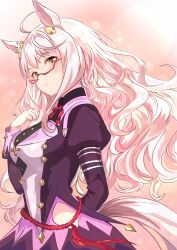  1girl absurdres ahoge animal_ears biwa_hayahide_(pf._winning_equation...)_(umamusume) biwa_hayahide_(umamusume) black_shirt clothing_cutout collared_shirt commentary curly_hair ear_ornament glasses highres hip_vent horse_ears horse_girl horse_tail jacket juliet_sleeves kanon_(floralcanon) lens_flare light_blush long_hair long_sleeves looking_at_viewer neck_ribbon pink_background puffy_sleeves purple_jacket purple_skirt red-framed_eyewear red_ribbon ribbon semi-rimless_eyewear shirt skirt solo tail umamusume under-rim_eyewear white_hair yellow_eyes 