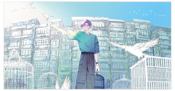  1boy abandoned alternate_costume alternate_hairstyle arm_up belt belt_buckle bespectacled bird black_belt black_nails blue_shirt blue_sky border bracelet buckle building cage chain chain_necklace clear_sky closed_mouth commentary_request day earrings feet_out_of_frame glasses green_eyes grey_pants hair_over_one_eye highres holding holding_cage hoop_earrings jewelry limited_palette looking_to_the_side looking_up male_focus multiple_necklaces multiple_rings necklace nijisanji outdoors pants parted_bangs pigeon pocket purple_hair ring round_eyewear ruins sakaki_ness semi-rimless_eyewear shirt shirt_tucked_in short_hair short_sleeves side_part sidelighting signature simple_bird sky smile solo standing t-shirt tachibana_hodaka_(artist) turning_head under-rim_eyewear virtual_youtuber watermark white-framed_eyewear white_bird white_border 