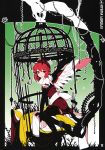  absurdres alternate_costume animal_ears black_legwear black_thighhighs blush bow cage chain chains dress elbow_gloves gloves hat highres ideolo mystia_lorelei no_nose red_eyes red_hair redhead scan short_hair sitting solo thigh-highs thighhighs touhou vines wings zettai_ryouiki 