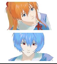  2girls ayanami_rei blue_eyes blue_hair border closed_mouth hair_between_eyes looking_at_viewer moyangahdid multiple_girls neck_ribbon neon_genesis_evangelion orange_hair red_eyes red_ribbon ribbon sailor_collar school_uniform short_hair simple_background souryuu_asuka_langley tokyo-3_middle_school_uniform white_background white_border 