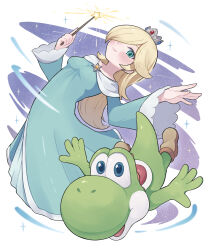  1girl blonde_hair blue_dress blue_eyes blush breasts brooch brown_shoes closed_mouth colored_skin commentary_request crown dress full_body green_skin hair_over_one_eye highres holding holding_wand jewelry long_dress long_hair long_sleeves looking_at_viewer medium_breasts open_mouth rosalina shoes smile star_brooch sunshiba417 super_mario_bros. the_super_mario_galaxy_movie wand yoshi 