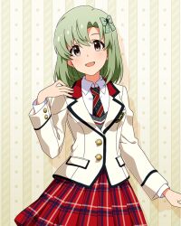  1girl blazer bow breasts card_commentary collared_shirt commentary_request cowboy_shot drop_shadow game_asset green_bow green_hair grey_eyes hair_bow hand_up high_schoolmate_(idolmaster) idolmaster idolmaster_(classic) idolmaster_million_live! idolmaster_million_live!_theater_days idolmaster_stella_stage jacket lapels long_sleeves looking_at_viewer medium_hair notched_lapels official_alternate_costume official_art open_mouth plaid_clothes plaid_skirt pleated_skirt red_skirt shiika_(idolmaster) shirt skirt smile solo standing third-party_source white_jacket white_shirt 
