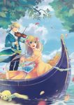  bird birdcage blonde_hair blue_eyes bow_(instrument) cage copyright_request couple dress flower gondola hair_flower hair_ornament instrument juliet_sleeves leaf long_hair long_sleeves okisene open_mouth ponytail puffy_sleeves sitting sky standing tree violin water 