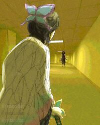  2girls backrooms_(creepypasta) black_hair butterfly_hair_ornament coat crossover from_behind hair_ornament haori holding holding_sword holding_weapon indoors japanese_clothes katana kimetsu_no_yaiba kochou_kanae kochou_shinobu multiple_girls solo_focus sword twitter_username weapon white_coat yedanahan 