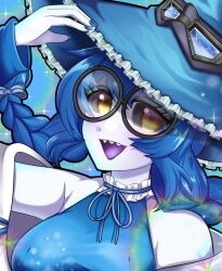  1girl bare_shoulders blue_hair blue_hat blue_leotard blue_nails blue_ribbon braid braided_twintails choker colored_sclera colored_skin colored_tongue commentary elitheinanna english_commentary frilled_choker frills glasses goggles goggles_on_headwear grey_sclera grey_skin hat highres leotard open_mouth purple_tongue ribbon round_eyewear sharp_teeth socks_agency solo teeth twin_braids upper_body virtual_youtuber yellow_eyes yomi_quinnley 