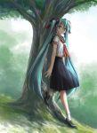  against_tree aqua_eyes aqua_hair bow footwear full_body hair_bow hair_ribbon hatsune_miku highres loafers long_hair mid_knight ribbon school_uniform serafuku shoes skirt socks solo tree twintails very_long_hair vocaloid 