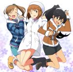 3girls blue_eyes boots brown_eyes brown_hair closed_eyes coat earmuffs eyes_closed futami_mami ganaha_hibiki hagiwara_yukiho hat idolmaster idolmaster_2 jacket jumping long_hair ponytail seven_(harida) short_hair side_ponytail winter_clothes