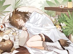  1girl arknights blanket boots brown_hair character_charm charm_(object) chongming821 closed_eyes closed_mouth commentary cup curled_up feather_hair glasses highres ifrit_(arknights) indoors lace-up_boots long_sleeves lying mug on_floor on_side owl_ears paper_stack plant potted_plant short_hair silence_(arknights) sleeping solo stuffed_owl table under_covers untranslatable_commentary white_boots 
