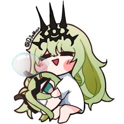  1girl :> absurdres barefoot blush_stickers chibi closed_eyes commentary dr3amoon full_body green_eyes green_hair hair_between_eyes headpiece highres honkai_(series) honkai_impact_3rd klein_(honkai_impact) long_hair long_sleeves mobius_(honkai_impact) nose_bubble open_mouth shirt simple_background sleeping solo triangle_mouth twitter_username very_long_hair white_background white_shirt 