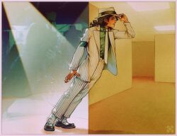  1boy backrooms_(creepypasta) black_hair black_shirt black_shoes collared_shirt commentary curly_hair english_commentary fedora hair_behind_ear hat highres itssanlee jacket leaning_forward male_focus michael_jackson necktie pants parted_lips real_life shirt shoes smooth_criminal solo spotlight striped_clothes striped_jacket striped_pants striped_suit suit surpirsed vertical-striped_clothes vertical-striped_jacket vertical-striped_pants white_hat white_necktie 