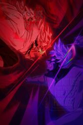  2boys cat clenched_teeth dandadan evil_eye_(dandadan) facial_mark furrowed_brow glasses highres looking_at_another male_focus multicolored_hair multiple_boys open_mouth parted_bangs purple_hair rectangular_earrings red_hair rubymin streaked_hair takakura_ken_(dandadan) takakura_ken_(transformed)_(dandadan) teeth third_eye topless_male turbo_granny_(dandadan) twitter_username upper_body white_hair 