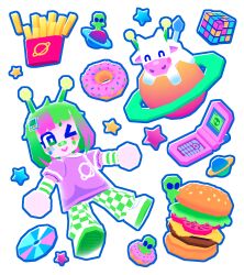  3d :> absurdres alien antennae bandaid bandaid_on_face bandaid_on_nose burger cd cellphone checkered_clothes checkered_pants chibi commentary cow doughnut english_commentary flip_phone food french_fries green_eyes green_hair highres indie_virtual_youtuber looking_at_viewer multicolored_hair one_eye_closed pants phone pink_hair planet polygon_donut print_shirt purple_shirt rubik's_cube shirt shoes sneakers star_(symbol) tv_hair_ornament two-tone_hair violet_(violxiv) white_shoes 