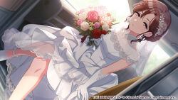  1girl :o ankle_strap bouquet breasts bridal_veil brown_hair car_interior collarbone commentary_request copyright_notice dress dutch_angle earrings gloves higuchi_madoka holding holding_bouquet idolmaster idolmaster_shiny_colors jewelry looking_at_viewer medium_breasts mole mole_under_eye official_alternate_costume official_art shoes sitting solo veil wedding_dress white_dress white_gloves white_shoes 
