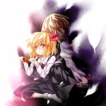  black_dress blonde_hair boned_meat dress dual_persona eating ex-rumia feathers food hair_ribbon kamumiya meat multiple_girls multiple_persona red_eyes ribbon rumia rumia_(adult) seal sparks the_embodiment_of_scarlet_devil touhou youkai 