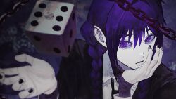  1girl braid chain collared_shirt commentary_request dice dress_shirt expressionless highres limited_palette lips long_hair nail_polish necktie nonsense_game_(vocaloid) purple_theme rusui second-party_source shirt solo twin_braids underwear utaite violet_eyes 