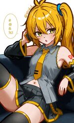  1girl absurdres ahoge akita_neru bare_shoulders black_skirt black_sleeves black_thighhighs blonde_hair blush_stickers breasts cellphone clothing_cutout collared_shirt commentary couch detached_sleeves double-parted_bangs frilled_shirt frills grey_shirt hair_between_eyes highres holding holding_phone ierdid looking_to_the_side miniskirt navel_cutout necktie number_tattoo on_couch one_side_up open_mouth phone pleated_skirt shirt simple_background sitting skirt sleeveless sleeveless_shirt small_breasts smartphone solo speech_bubble tattoo thigh-highs tie_clip twitter_username v-shaped_eyebrows vocaloid white_background yellow_eyes yellow_necktie 