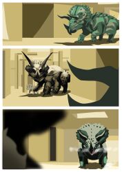  absurdres animal_focus baby_animal backrooms_(creepypasta) dinosaur highres indoors open_mouth shadow smile still_life_(backrooms) triceratops walking yowhza 