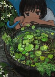  1other absurdres ambiguous_gender black_eyes black_hair commentary_request highres holding holding_umbrella lotus_leaf minahamu original plant potted_plant rain short_hair simple_flower squatting umbrella 