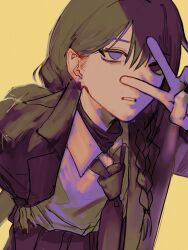  1girl blazer braid collared_shirt complementary_colors dress_shirt earrings hair_behind_ear hair_over_shoulder hand_on_own_hip highres jacket jewelry leaning_forward limited_palette necktie original parted_lips pleated_skirt rusui shirt sketch skirt solo twin_braids undershirt utaite v v_over_eye violet_eyes yellow_background 