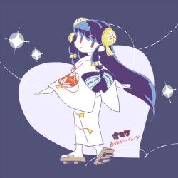  1girl bell bun_cover double_bun hair_bell hair_bun hair_ornament heart japanese_clothes long_hair looking_at_viewer looking_back popcublove purple_hair ranma_1/2 red_eyes shampoo_(ranma_1/2) sidelocks sparkle translation_request wide_sleeves 