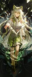  1girl absurdres animal_ear_fluff animal_ears arknights artist_collaboration bare_shoulders black_background black_boots boots cat_ears cat_girl chromatic_aberration dress foreshortening full_body green_dress green_eyes green_hair hair_over_one_eye hand_up highres kal'tsit_(arknights) kal'tsit_esperanta_(arknights) long_hair looking_at_viewer short_dress solo standing transformation travelcat very_long_hair white_dress 