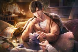  1boy 1other 3d black_hair brown_eyes cardigan closed_mouth couch fire fireplace game_asset highres holding indoors jacket jewelry key lamp long_sleeves looking_at_viewer love_and_deepspace male_focus non-web_source official_art pillow pov pov_hands self-datamine shirt short_hair sitting smile solo_focus white_shirt zayne_(love_and_deepspace) 