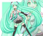  detached_sleeves green_eyes green_hair hatsune_miku highres long_hair microphone microphone_stand navel necktie skirt spring_onion themed_object thigh-highs thighhighs twintails very_long_hair vocaloid zoom_layer 