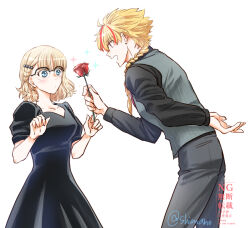  1boy 1girl arm_behind_back black_dress blonde_hair blue_eyes braid braided_ponytail commentary_request dress fate/strange_fake fate_(series) flower glasses grey_vest hair_over_shoulder hetero holding holding_flower leaning_forward long_hair medium_hair multicolored_hair open_mouth over-rim_eyewear puffy_short_sleeves puffy_sleeves red_eyes red_flower red_hair red_rose richard_i_(fate) rose sajou_ayaka_(fate/strange_fake) semi-rimless_eyewear shima_no_0321 short_sleeves side_braid single_braid smile streaked_hair striped_clothes striped_vest twitter_username two-tone_hair vertical-striped_clothes vertical-striped_vest vest watermark 