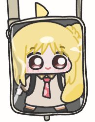  1girl ahoge bag blonde_hair blush bocchi_the_rock! chibi chibi_only highres ijichi_nijika in_bag in_container lulalang mini_person minigirl necktie photo-referenced red_eyes side_ponytail smile solo 