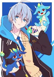  1boy absurdres ahoge blue_eyes blue_jacket blue_necktie commentary dragon dragon_print english_commentary grey_hair highres hisakata_shirube holding hood jacket looking_at_viewer male_focus necktie regeant school_uniform second-party_source shirt short_hair sleeveless sleeveless_sweater sweater sweater_vest virtual_youtuber white_shirt yellow_sweater_vest yukimaru_(regeant) 
