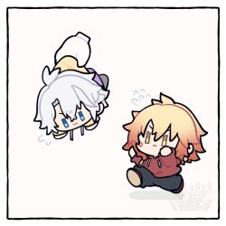  2boys antenna_hair black_outline black_pants blonde_hair blue_eyes braid chibi chibi_only commentary_request facial_tattoo flying_sweatdrops gradient_hair holding_chibi honkai:_star_rail honkai_(series) hood hoodie lay0x0 male_focus medium_hair multicolored_hair multiple_boys mydei_(honkai:_star_rail) outline pants parted_bangs phainon_(honkai:_star_rail) red_hair red_hoodie red_tattoo short_hair side_braid string tattoo watermark white_hair yellow_eyes 