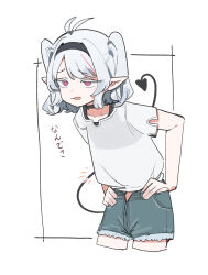  1girl black_bra blush bra choker commentary_request hands_on_own_hips highres maton_3110 multicolored_hair original pink_eyes pink_streaks pointy_ears see-through_clothes shorts solo streaked_hair tail translation_request twintails underwear 