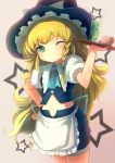 adapted_costume apron ascot blonde_hair blush bow braid cup drink green_eyes hair_bow hand_on_hip hat hips kirisame_marisa long_hair maid midriff navel sanntouhei single_braid smile solo star touhou tray very_long_hair waitress wink witch witch_hat 