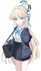  1girl absurdres aqua_bow aqua_bowtie bag blonde_hair blue_archive blue_bow blue_eyes blue_halo blue_skirt bow bowtie braid closed_mouth commentary_request cowboy_shot half_up_braid halo highres long_hair looking_at_viewer messenger_bag mili_mli shirt shoulder_bag skirt smile solo standing toki_(blue_archive) v white_background 