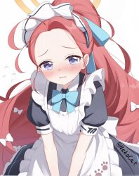  1girl ai-generated alternate_costume apron blue_archive blush bow commentary_request enmaided flying_sweatdrops forehead halo highres long_hair looking_at_viewer maid maid_apron maid_headdress nekocat0721 paw_print red_hair simple_background solo violet_eyes white_background yuzu_(blue_archive) yuzu_(maid)_(blue_archive) 