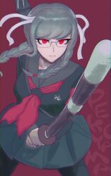  1girl armband black_skirt braid character_name closed_mouth commentary_request danganronpa_(series) danganronpa_2:_goodbye_despair glasses grey_hair hair_ribbon highres holding holding_weapon mou_(hntg7838) pekoyama_peko red_background red_eyes ribbon sailor_collar simple_background skirt solo twin_braids weapon weapon_bag white_ribbon 