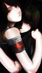  2girls amakura_mayu amakura_mio bare_shoulders black_background black_hair black_shirt bra_strap brown_eyes closed_mouth commentary_request fatal_frame fatal_frame_ii:_crimson_butterfly gauss_<bokashi hand_on_another's_shoulder hand_up heads_together highres hug looking_at_viewer looking_to_the_side multiple_girls mutual_hug off-shoulder_shirt off_shoulder parted_lips partially_shaded_face shirt short_hair short_sleeves siblings simple_background sisters twins upper_body 
