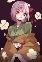  1girl breasts closed_mouth commentary_request floral_background flower green_kimono hair_flower hair_ornament hakama hakama_skirt hieda_no_akyuu highres japanese_clothes kimono long_sleeves looking_at_viewer medium_hair neon_(co2co8) purple_hair skirt small_breasts smile solo touhou violet_eyes wide_sleeves yellow_kimono 