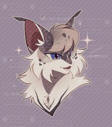  animal animal_focus blue_eyes brown_cat cat commission cropped_shoulders ear_tufts flat_color fluffy highres mihuashi_commission no_humans open_mouth original purple_background simple_background solo sparkle spottedrose too_many_watermarks warrior_cats watermark 