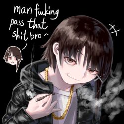  1girl anger_vein asymmetrical_hair black_background black_jacket brown_eyes brown_hair colored_sclera commentary diu9you drugs english_commentary english_text gold_necklace hair_ornament head_tilt highres iwakura_lain jacket jewelry joint_(drug) looking_at_viewer marijuana necklace red_sclera serial_experiments_lain shirt smile smoke solo upper_body white_shirt x_hair_ornament 
